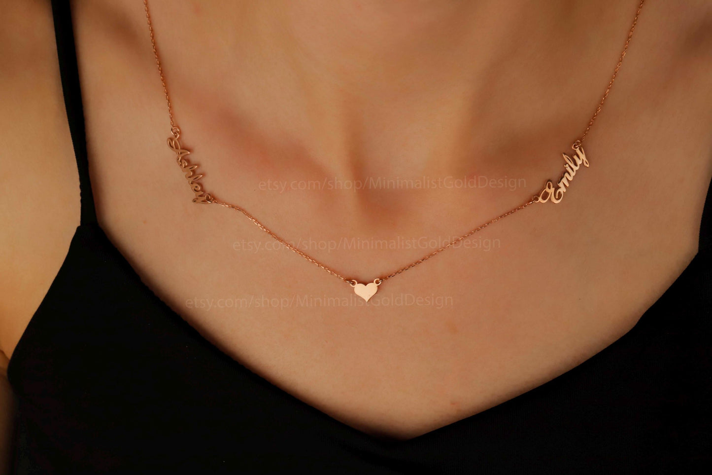 Gold Names And Heart Necklace • Two Names Necklace • Personalized Dainty Special Gifts • Gifts for Her in Gold, Rose and Silver