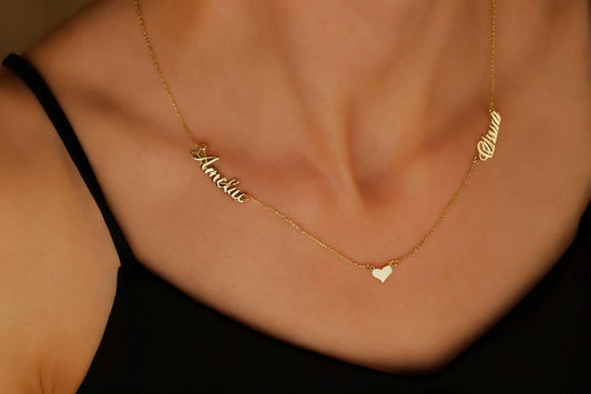 Gold necklace with a heart pendant on a person wearing a black top.