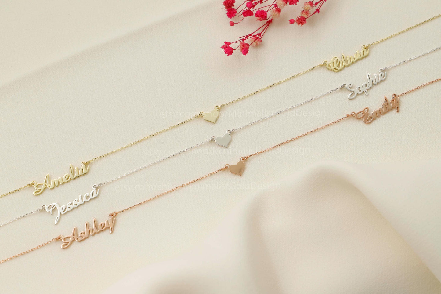 Gold Names And Heart Necklace • Two Names Necklace • Personalized Dainty Special Gifts • Gifts for Her in Gold, Rose and Silver