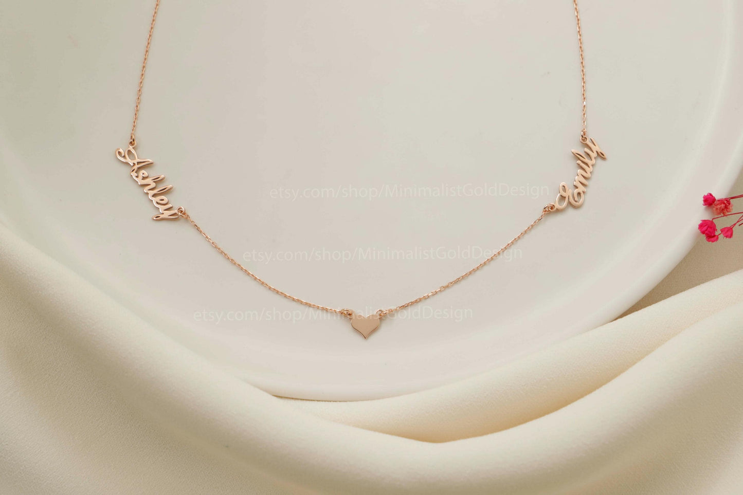 Gold Names And Heart Necklace • Two Names Necklace • Personalized Dainty Special Gifts • Gifts for Her in Gold, Rose and Silver