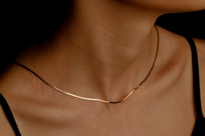 Close-up of a delicate gold snake chain necklace on a person's neck with a blurred background