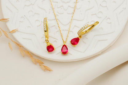 Radiant Ruby & 14K Gold Jewelry Set - Elegant Sterling Silver Drop Earrings & Necklace