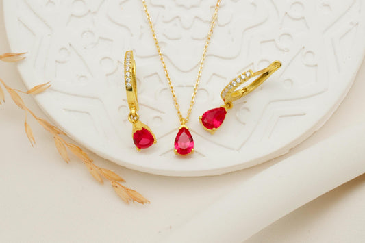 Radiant Ruby & 14K Gold Jewelry Set - Elegant Sterling Silver Drop Earrings & Necklace