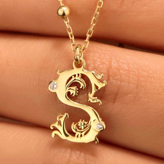 Gold Initial Necklace: Beaded Sterling Silver Chain, CZ Stone Letter