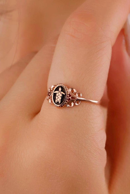 Turtle Signet Ring: Sterling Silver Pinky Ring, 14K Gold Option