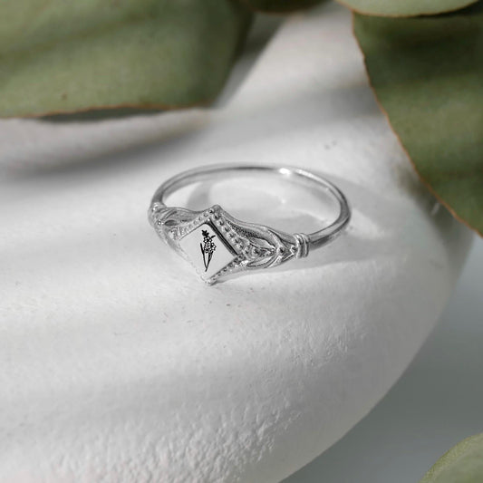 Sterling Silver Birth Flower Signet Ring: Personalized Initial Jewelry