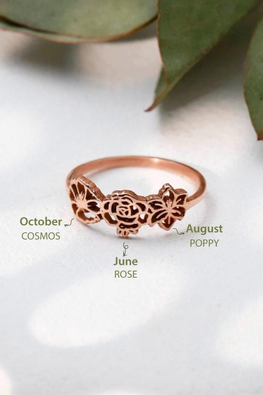 Sterling Silver Birth Flower Ring: Personalized Family Jewelry