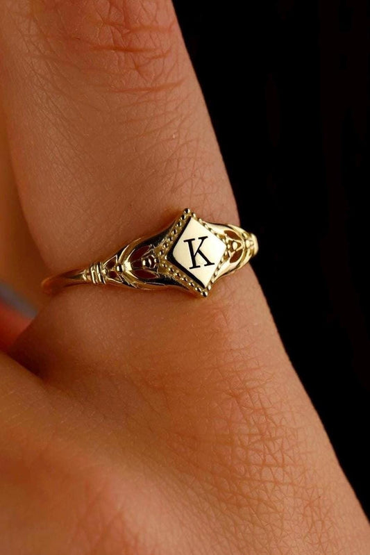 Sterling Silver Rhombus Initial Ring: Personalized Pinky Ring