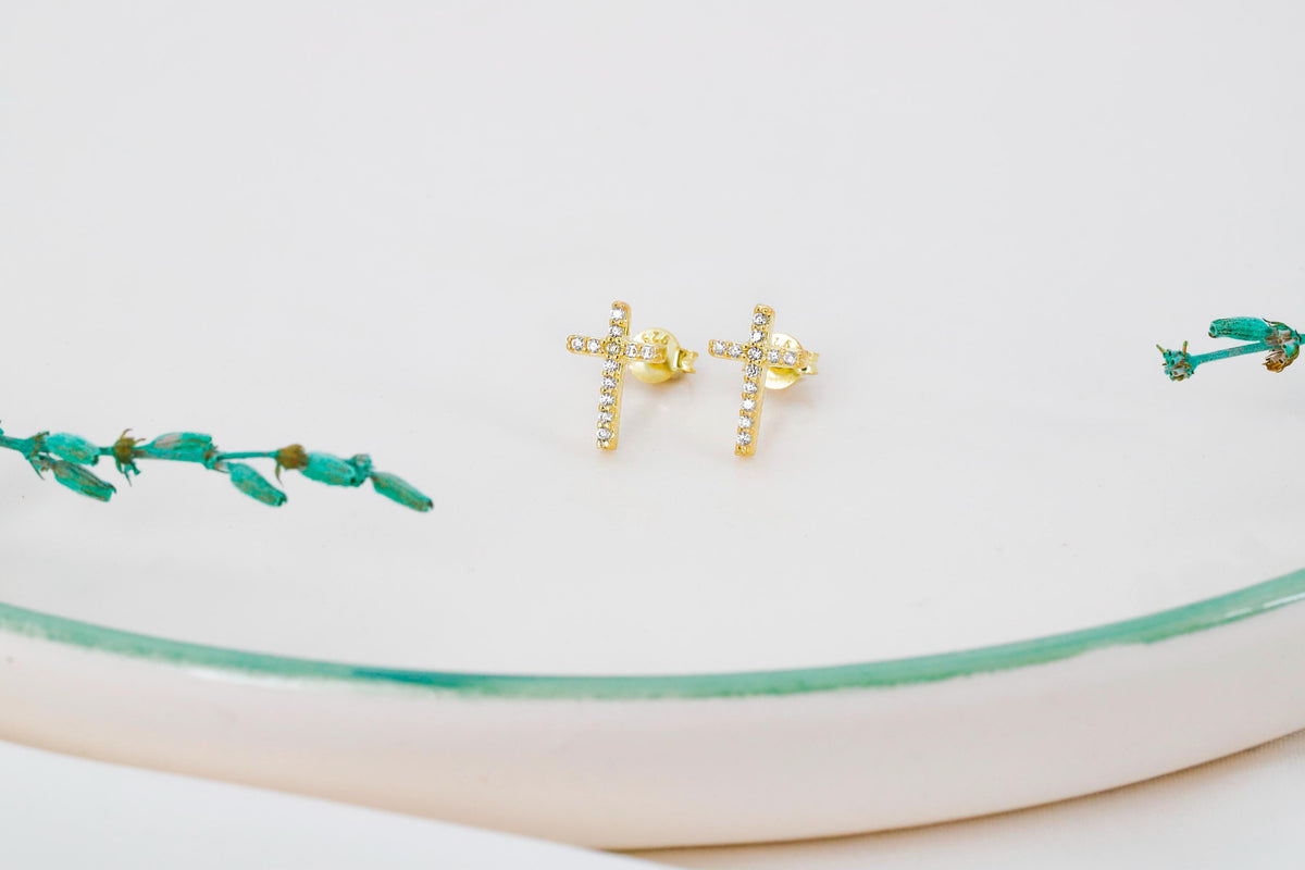 Sterling Silver Cross Stud Earrings: Tiny CZ Diamond Religious Jewelry