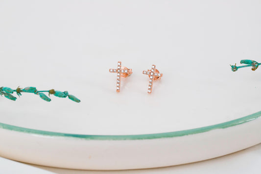 Sterling Silver Cross Stud Earrings: Tiny CZ Diamond Religious Jewelry