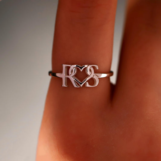 Eternal Love Personalized Sterling Silver Couple Initial Ring with Heart Charm