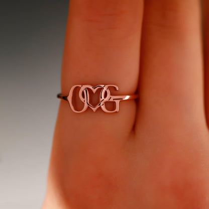 Eternal Love Personalized Sterling Silver Couple Initial Ring with Heart Charm