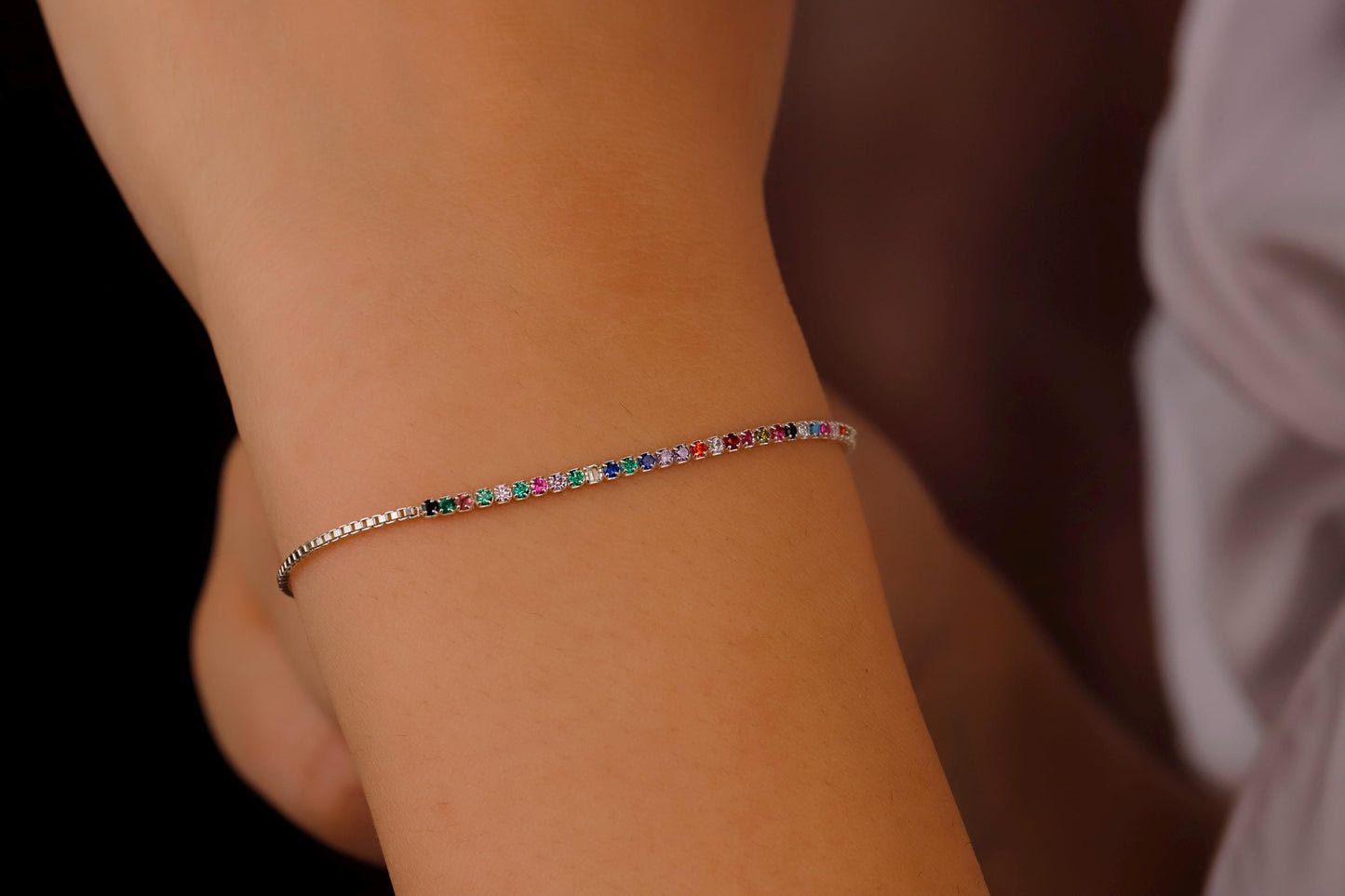 14K Gold Filled Colorful CZ Tennis Bracelet: Sterling Silver Box Chain