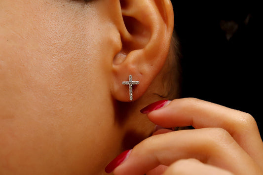 Sterling Silver Cross Stud Earrings: Tiny CZ Diamond Religious Jewelry