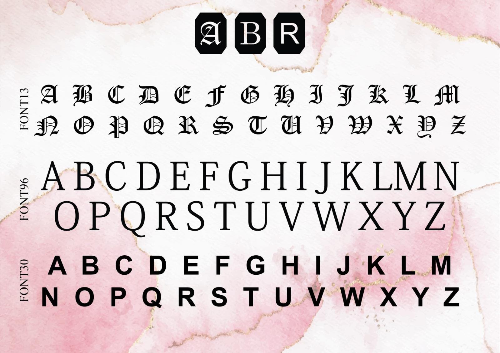 Three different font styles displayed on a pink watercolor background with 'ABR' branding.