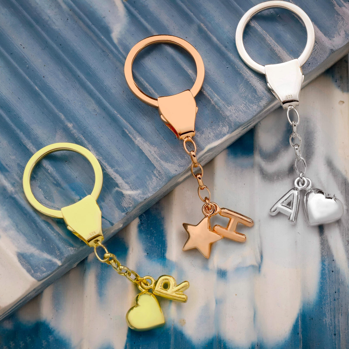 Custom Initial Keychain - Sterling Silver Balloon Letters with Heart & Star Accents