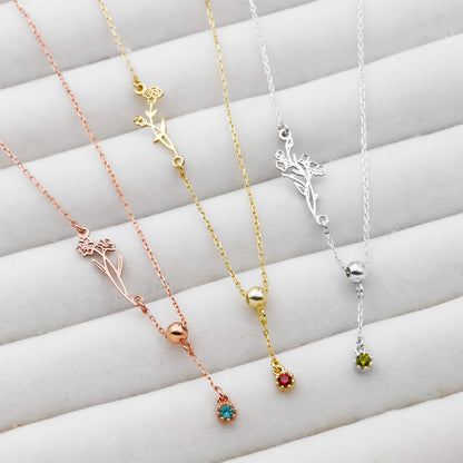 Luxe Bloom Birth Flower Necklace - Personalized Gold & Silver Lariat with Gemstone Drop