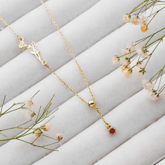 Luxe Bloom Birth Flower Necklace - Personalized Gold & Silver Lariat with Gemstone Drop