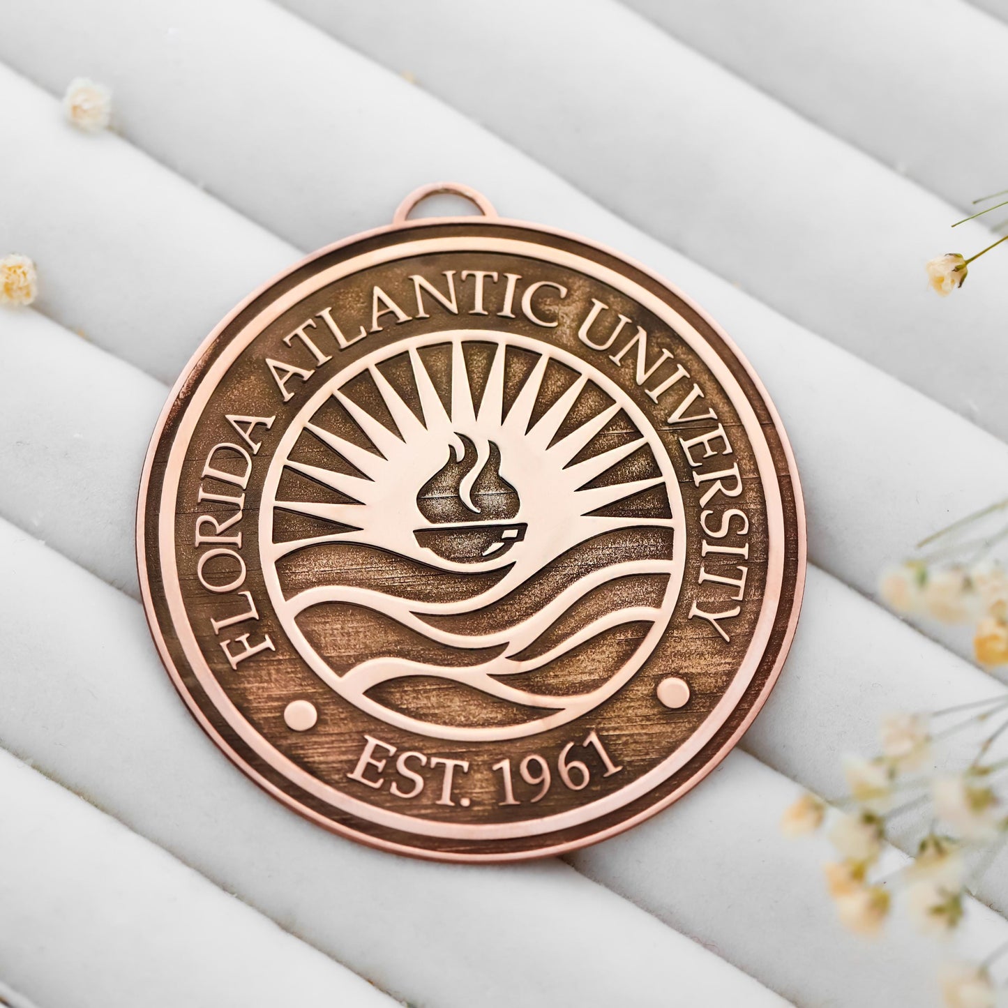 Bronze plaque with Florida Atlantic University logo and text on a light background