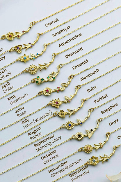 Gold bracelets with gemstone names on a white background