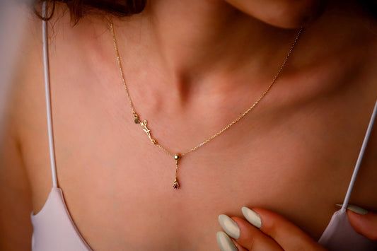 Luxe Bloom Birth Flower Necklace - Personalized Gold & Silver Lariat with Gemstone Drop