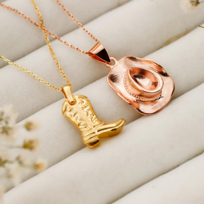 Cowboy Chic Necklace Set – 925 Sterling Silver Hat & Boots Jewelry for Bold Style