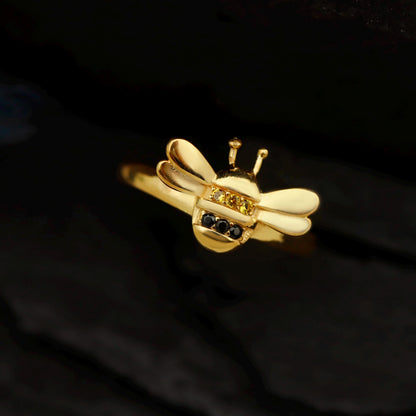 Dainty Gold Honey Bee Ring | Bumblebee Jewelry with Pave Accents