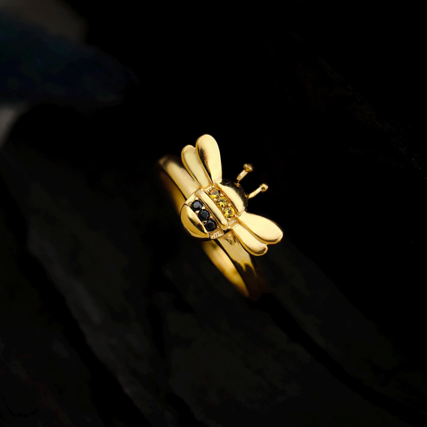 Dainty Gold Honey Bee Ring | Bumblebee Jewelry with Pave Accents