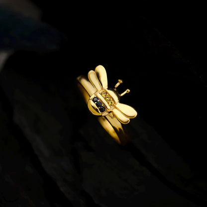 Dainty Gold Honey Bee Ring | Bumblebee Jewelry with Pave Accents