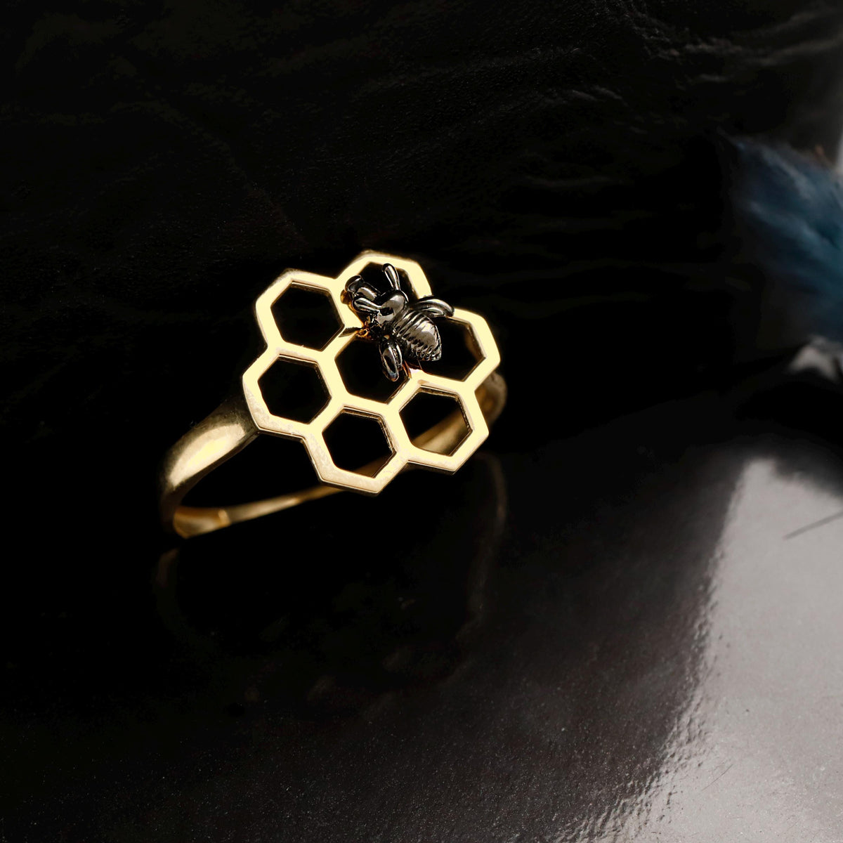 Golden Honeycomb Ring with Black Bee | Geometric & Symbolic Statement Ring