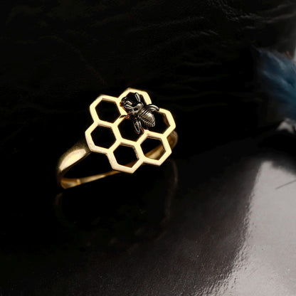 Golden Honeycomb Ring with Black Bee | Geometric & Symbolic Statement Ring