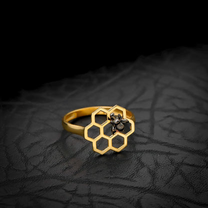 Golden Honeycomb Ring with Black Bee | Geometric & Symbolic Statement Ring