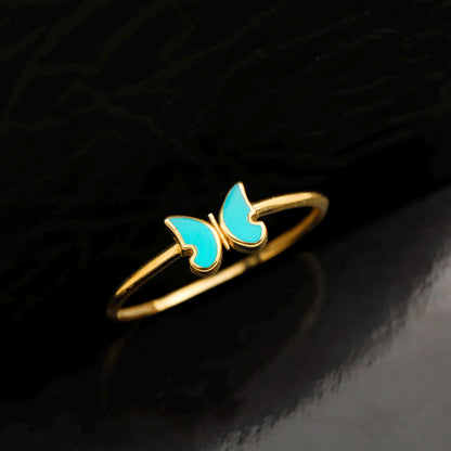 Dainty Turquoise Butterfly Gold Stacking Ring | Minimalist Enamel Statement Jewelry