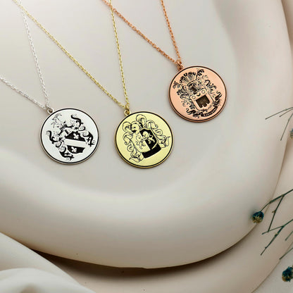 Heraldic Haven Custom Family Crest Necklace - Engraved Personalized Coat of Arms Pendant