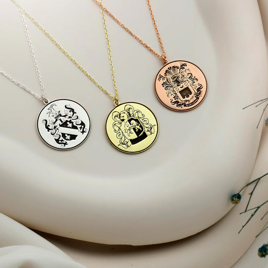 Heraldic Haven Custom Family Crest Necklace - Engraved Personalized Coat of Arms Pendant