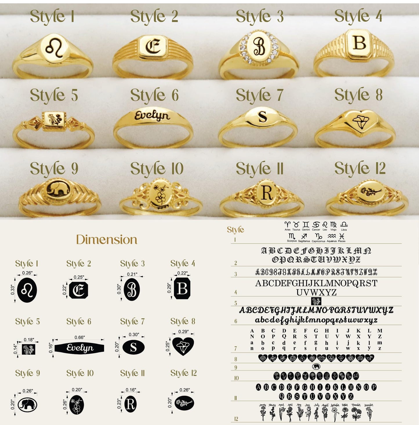 Collection of gold rings with various designs and letterings on a white background.