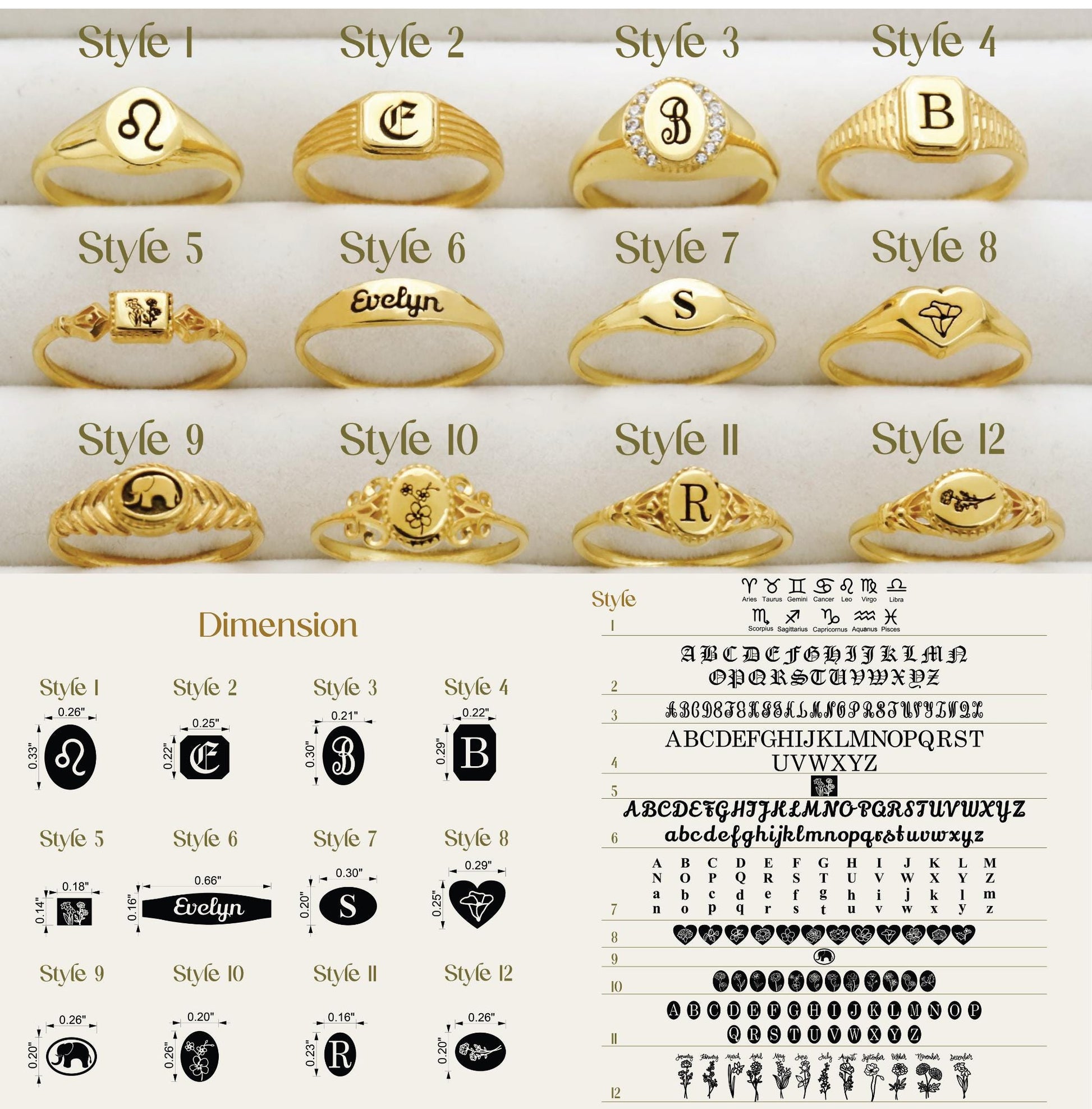 Collection of gold rings with various designs and letterings on a white background.
