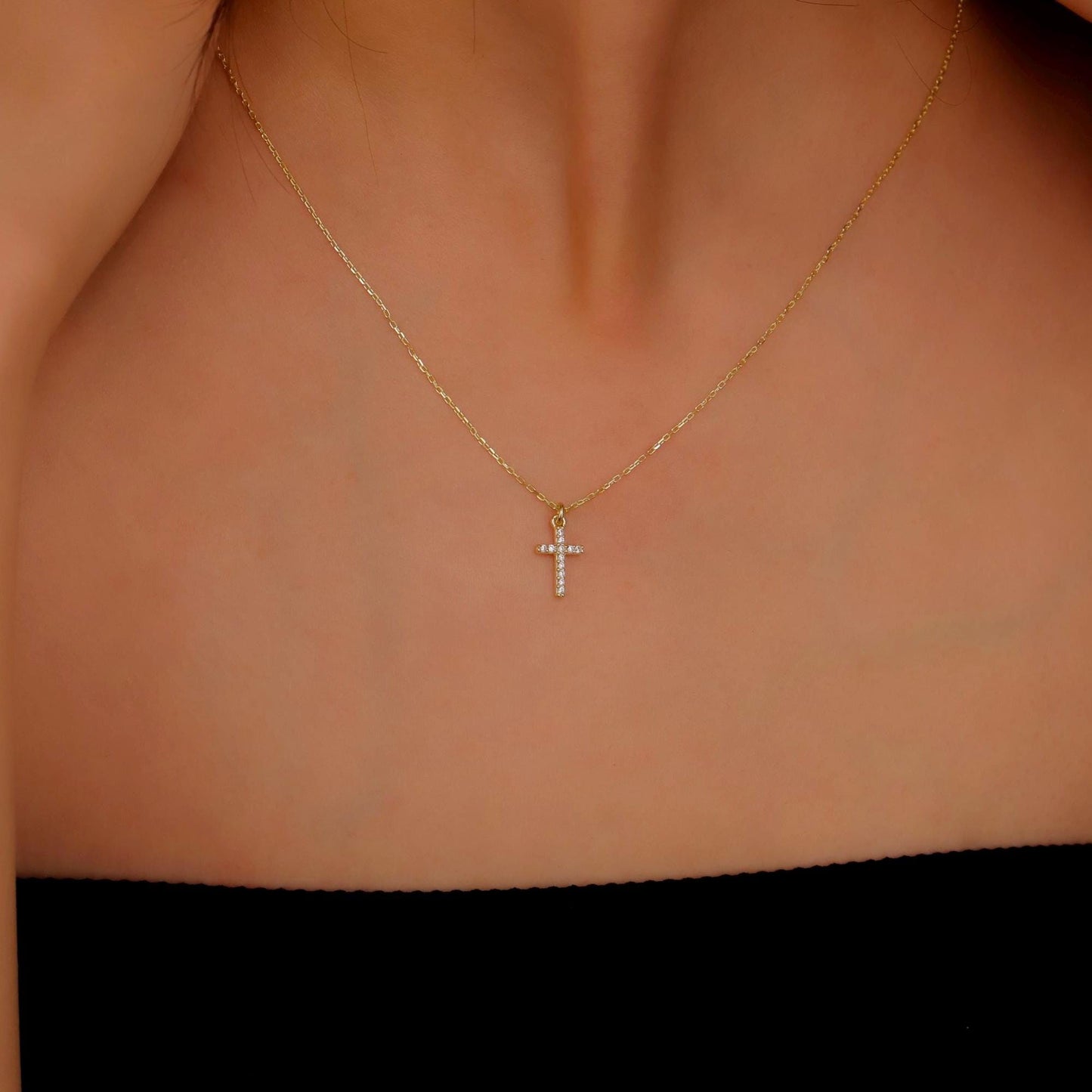 14K Gold CZ Stone Cross Necklace: Sterling Silver Jewelry Gift
