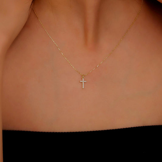 14K Gold CZ Stone Cross Necklace: Sterling Silver Jewelry Gift