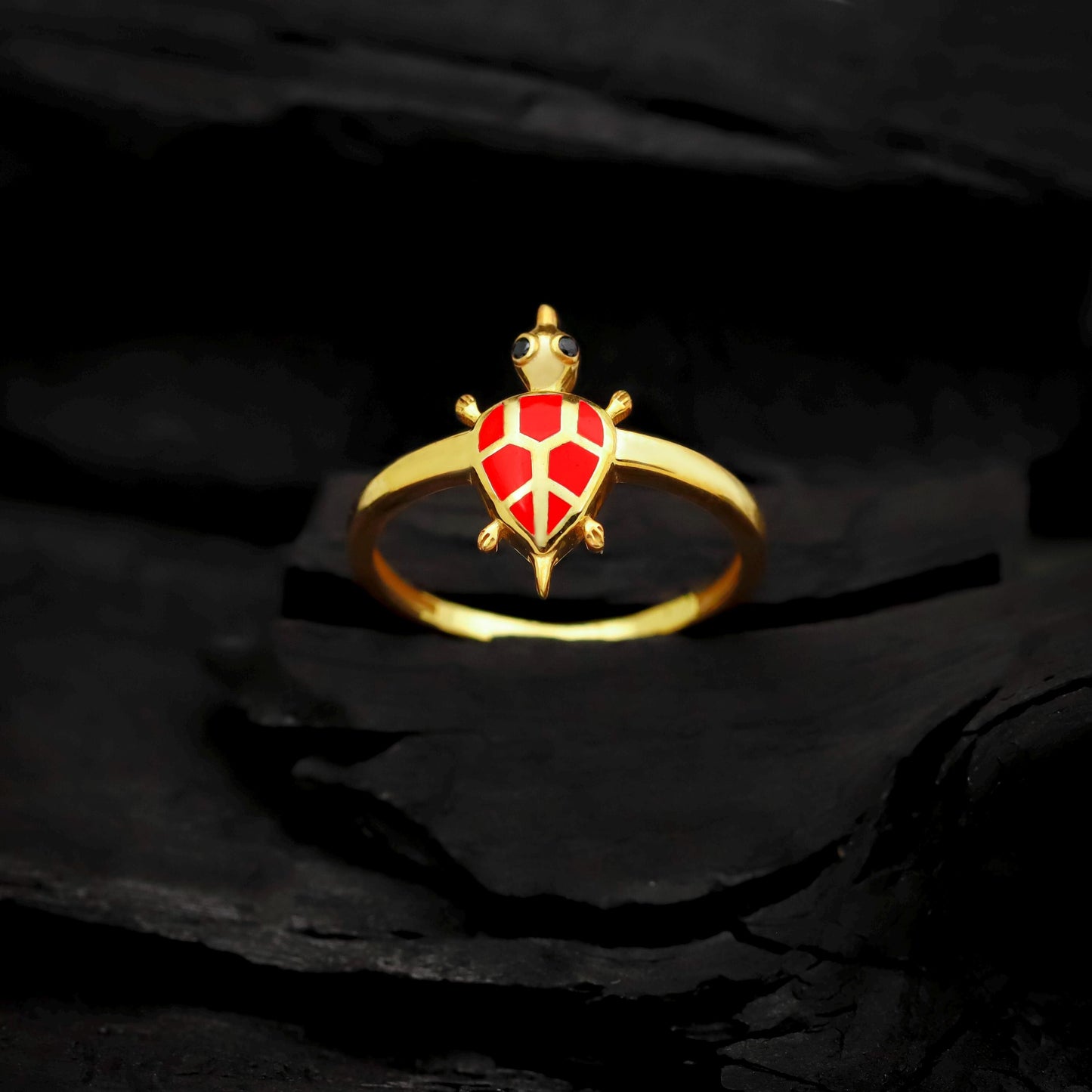 Golden Turtle Ring with Vibrant Red Enamel | Good Luck & Protection Talisman