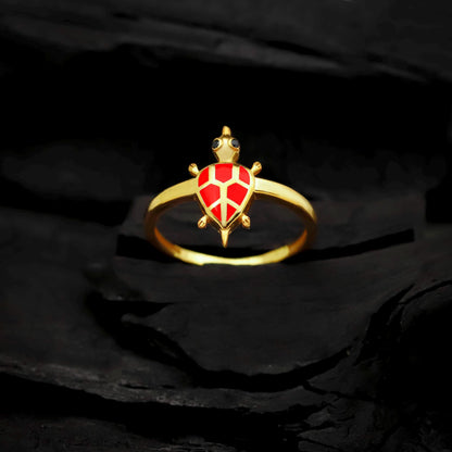 Golden Turtle Ring with Vibrant Red Enamel | Good Luck & Protection Talisman