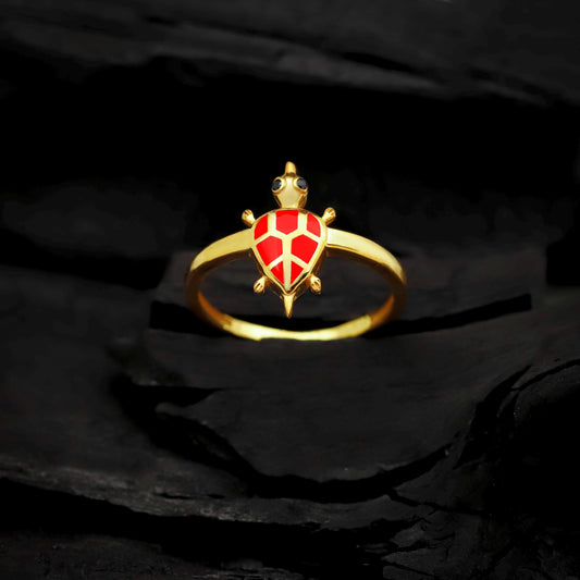Golden Turtle Ring with Vibrant Red Enamel | Good Luck & Protection Talisman