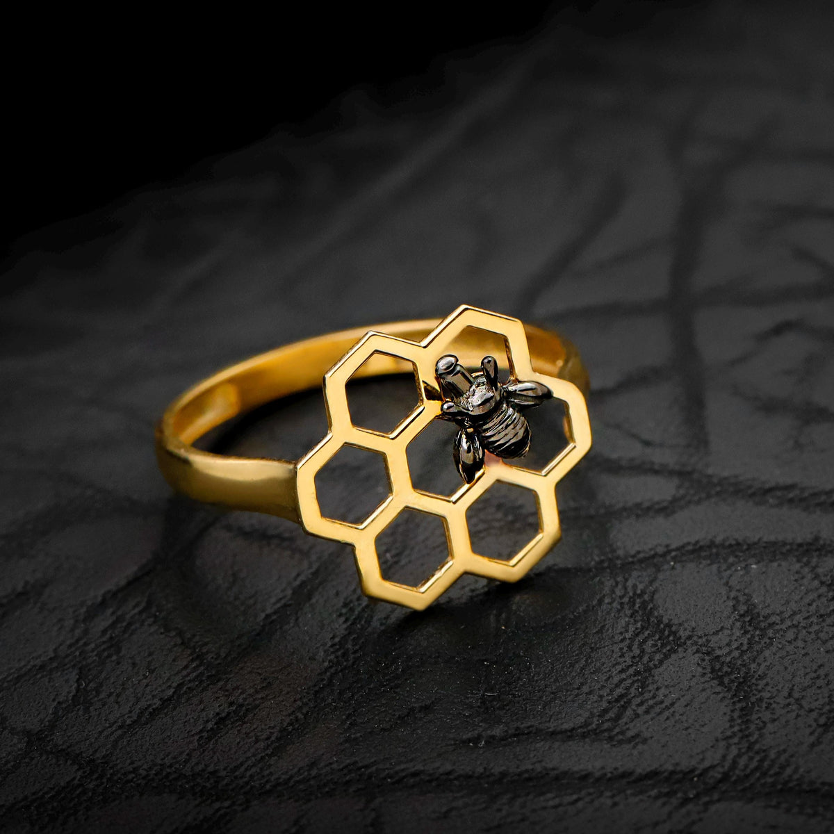 Golden Honeycomb Ring with Black Bee | Geometric & Symbolic Statement Ring
