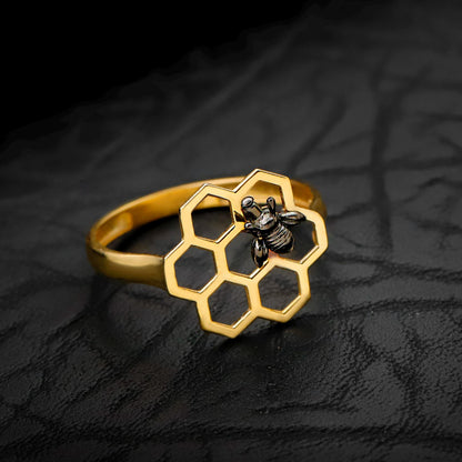 Golden Honeycomb Ring with Black Bee | Geometric & Symbolic Statement Ring