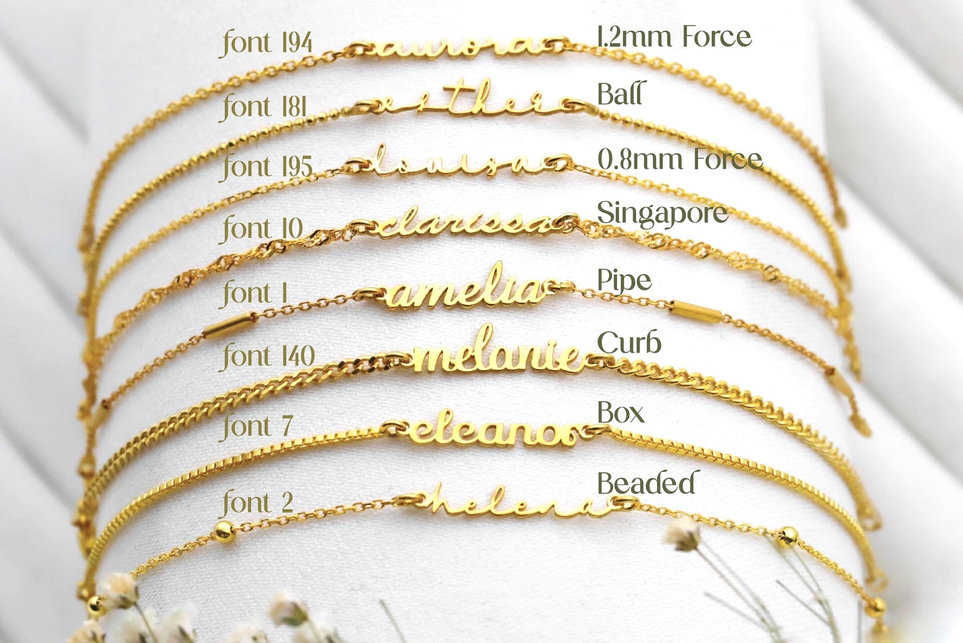 Gold bracelets with various names and font styles on a white background