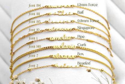 Gold bracelets with various names and font styles on a white background