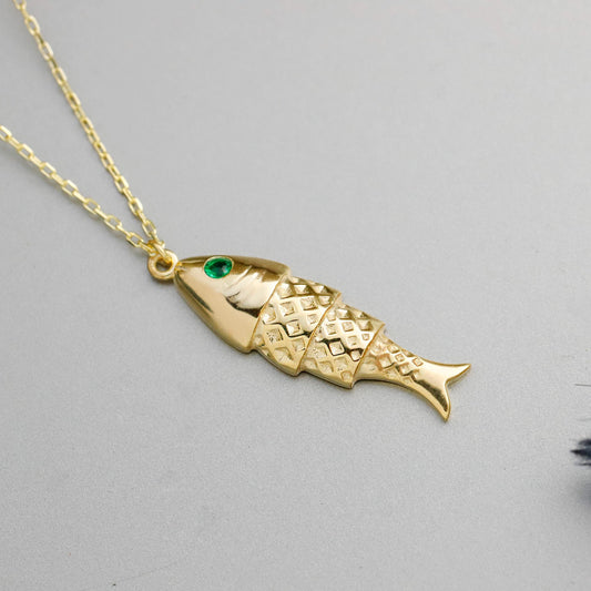 Sterling Silver Gold Fish Necklace, Articulated Pave Charm