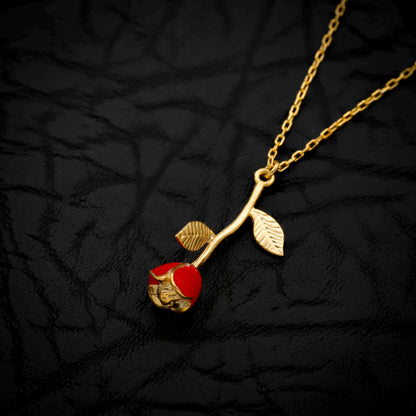 Red Enamel Rose Pendant Necklace, Gold CZ Floral Jewelry