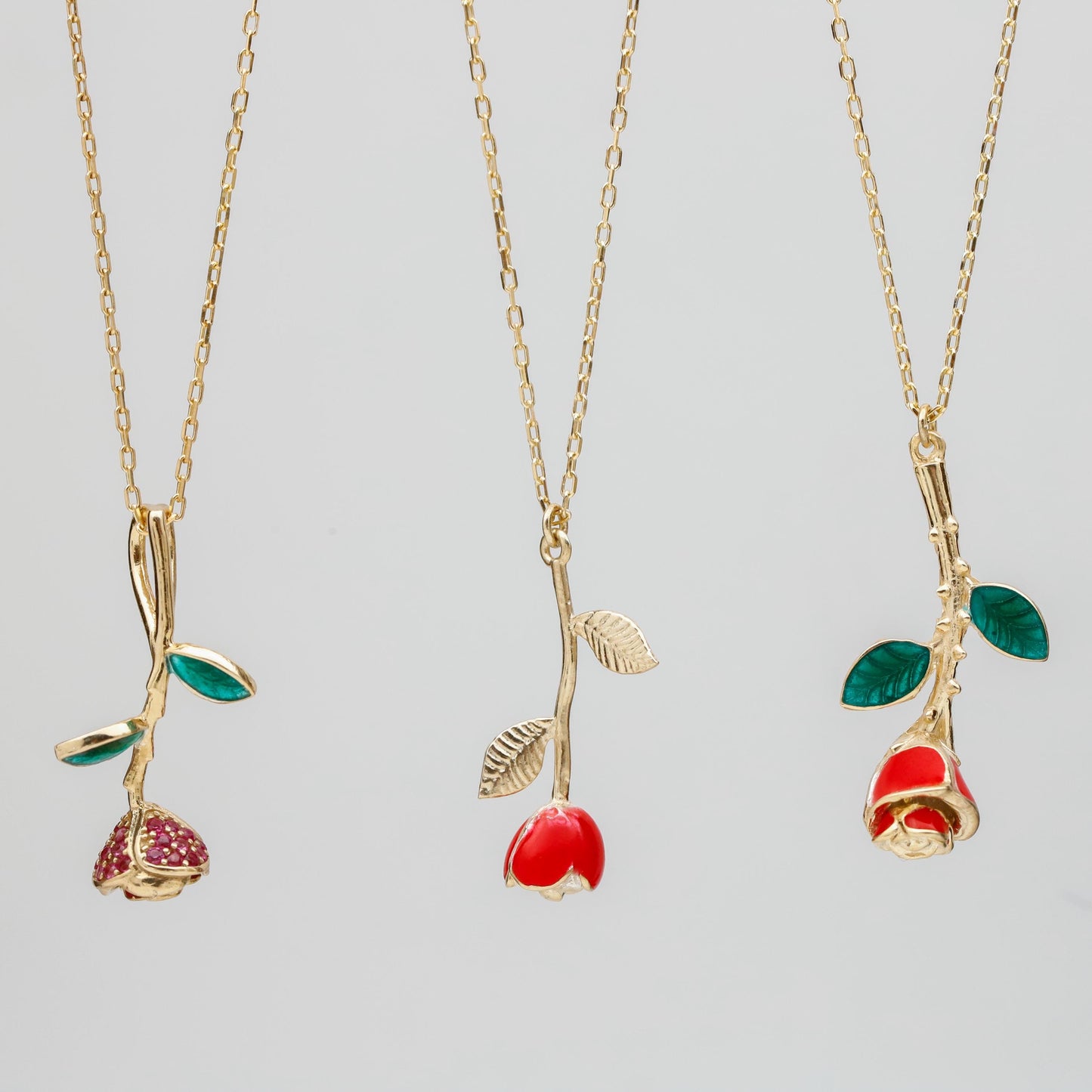 Red Enamel Rose Pendant Necklace, Gold CZ Floral Jewelry