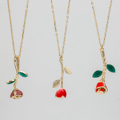 Red Enamel Rose Pendant Necklace, Gold CZ Floral Jewelry